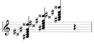 Sheet music of A# 7#11 in three octaves